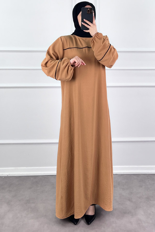 Şeritli Ayrobin Elbise - Vizon