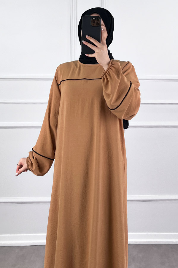 Şeritli Ayrobin Elbise - Vizon