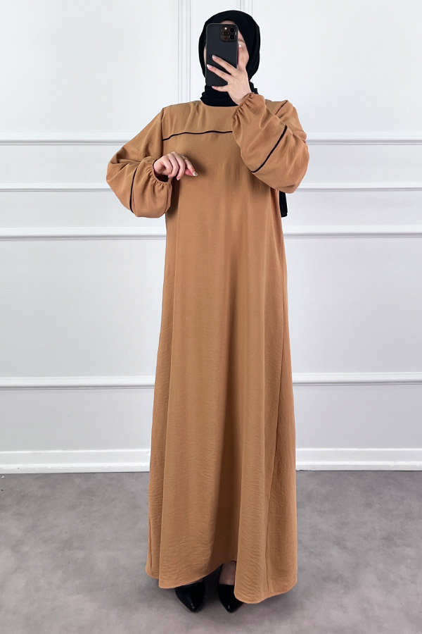 Şeritli Ayrobin Elbise - Vizon