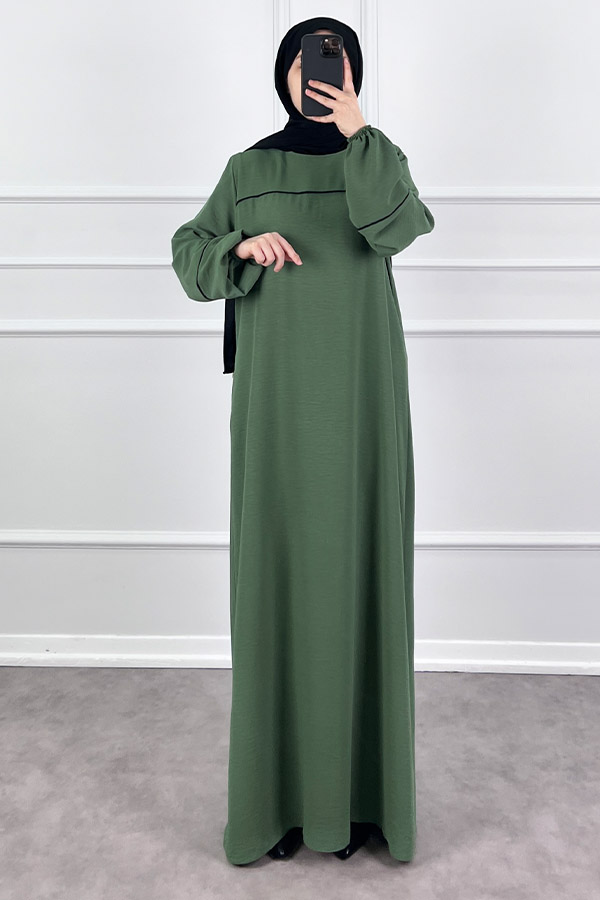 Şeritli Ayrobin Elbise - Yeşil