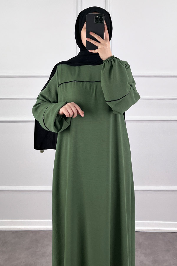 Şeritli Ayrobin Elbise - Yeşil