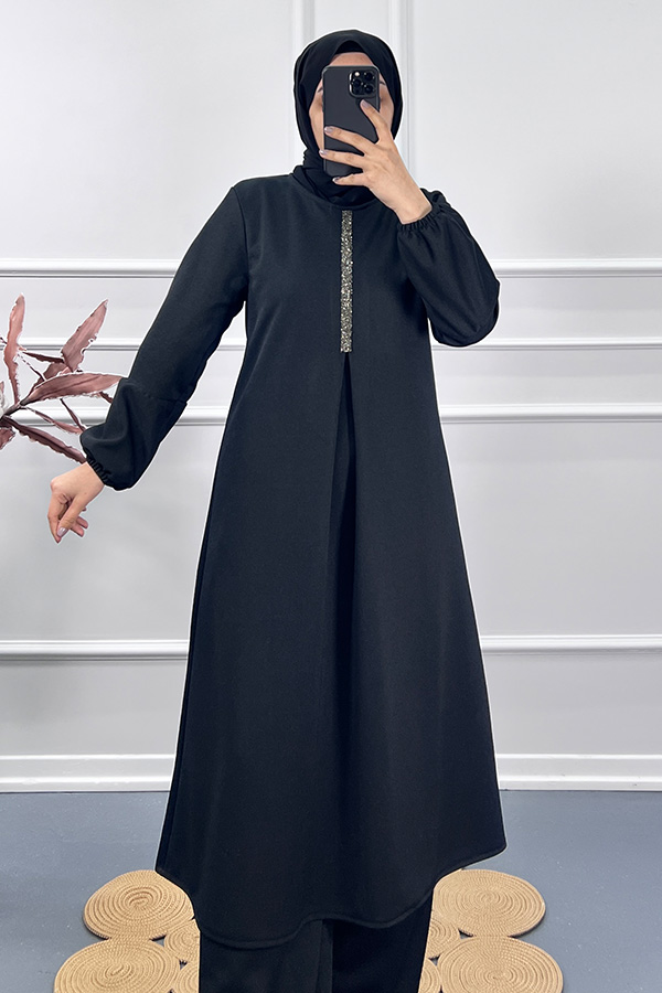 Taş Detaylı Gabardin Takım - Siyah