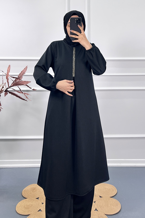 Taş Detaylı Gabardin Takım - Siyah