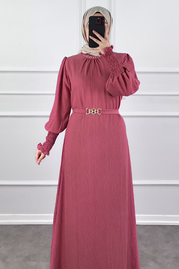 Taş Detaylı Gipeli Elbise - Pembe