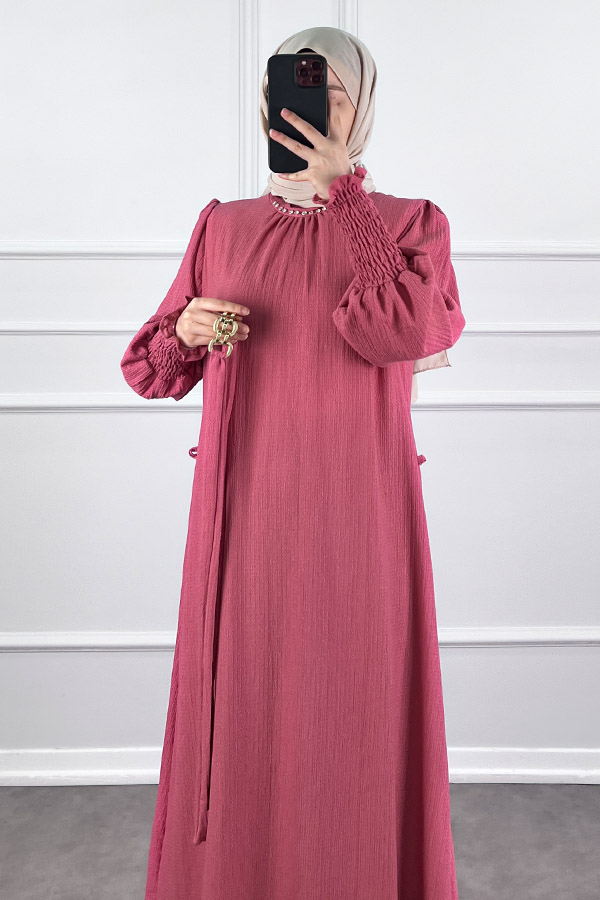 Taş Detaylı Gipeli Elbise - Pembe