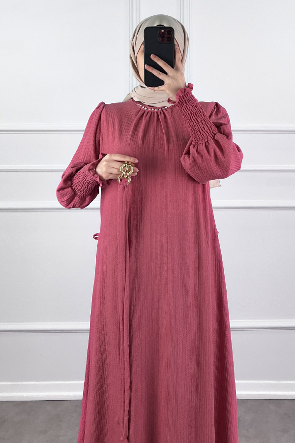 Taş Detaylı Gipeli Elbise - Pembe