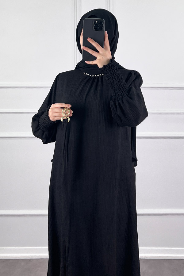 Taş Detaylı Gipeli Elbise - Siyah