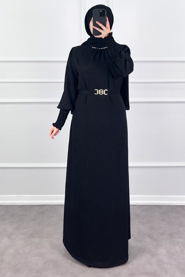 Taş Detaylı Gipeli Elbise - Siyah