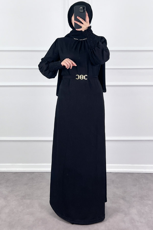 Taş Detaylı Gipeli Elbise - Siyah