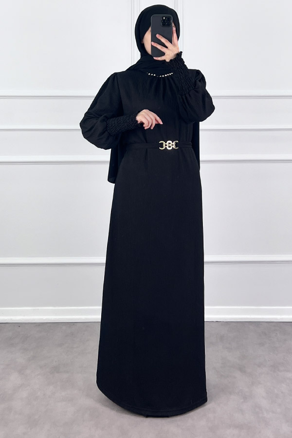 Taş Detaylı Gipeli Elbise - Siyah