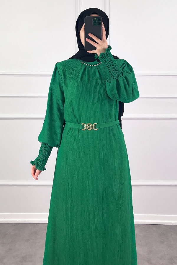 Taş Detaylı Gipeli Elbise - Yeşil