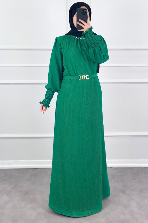 Taş Detaylı Gipeli Elbise - Yeşil