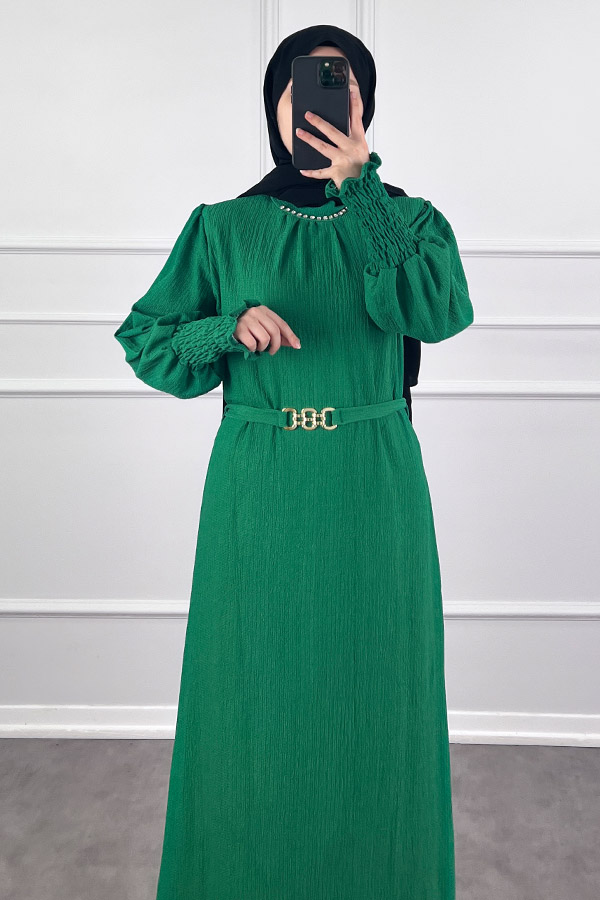 Taş Detaylı Gipeli Elbise - Yeşil