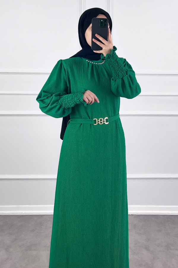 Taş Detaylı Gipeli Elbise - Yeşil