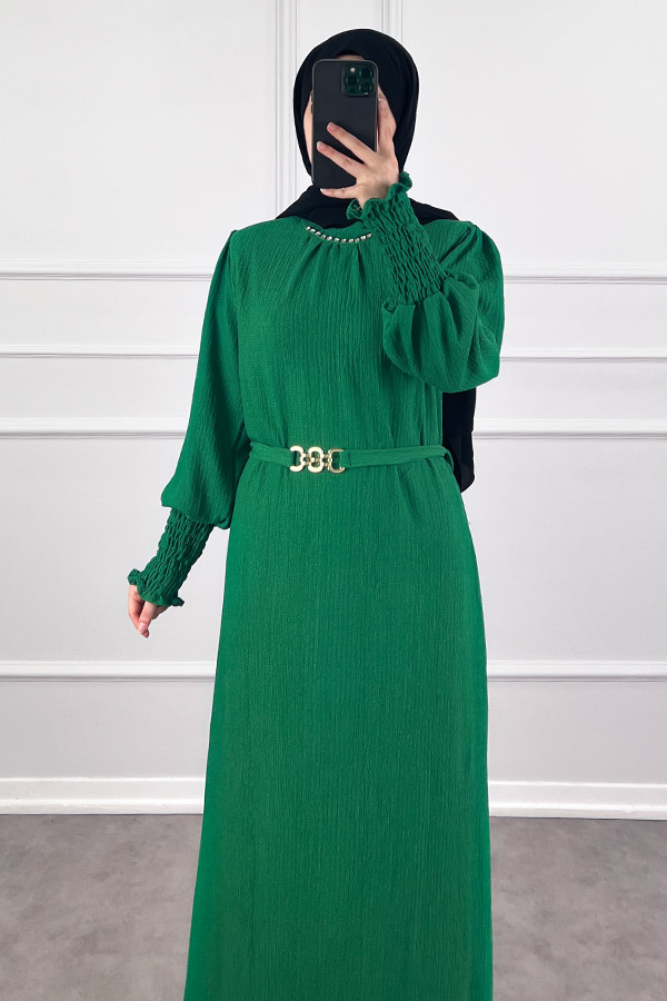 Taş Detaylı Gipeli Elbise - Yeşil
