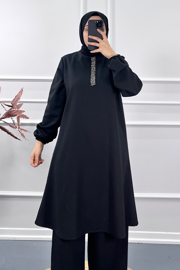 Taş Detaylı İkili Takım - Siyah