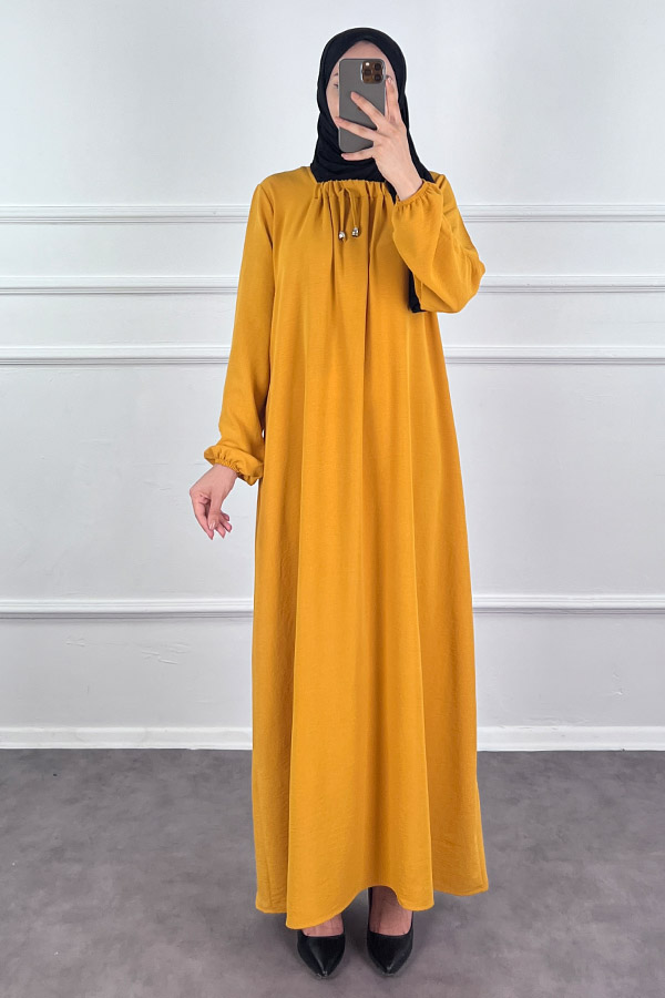 Tesettür Ferace Elbise - Hardal Sarısı