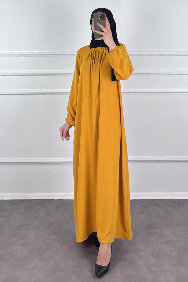 Tesettür Ferace Elbise - Hardal Sarısı