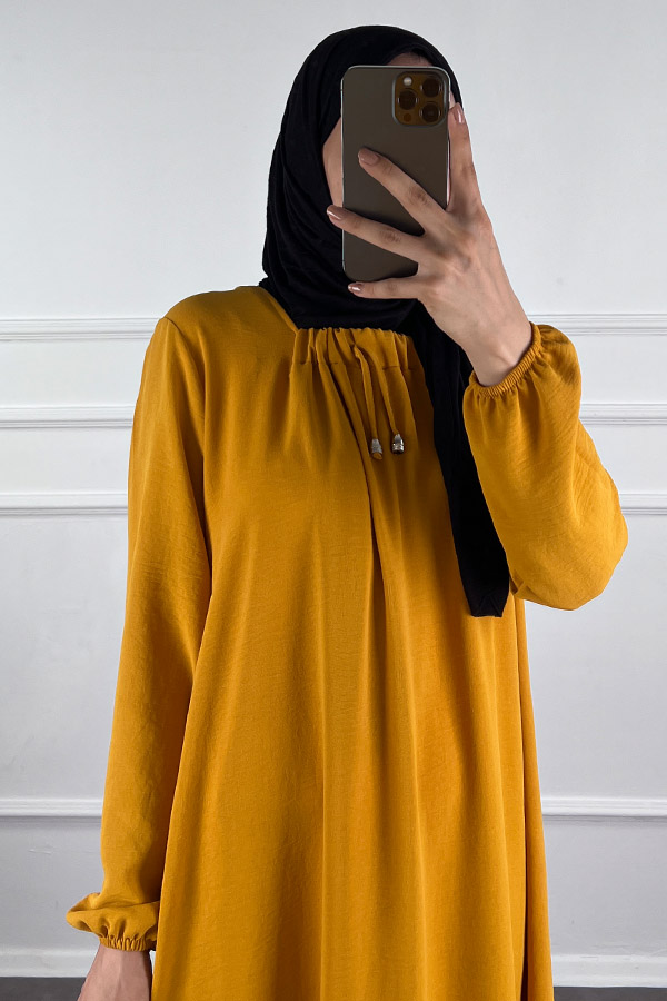 Tesettür Ferace Elbise - Hardal Sarısı