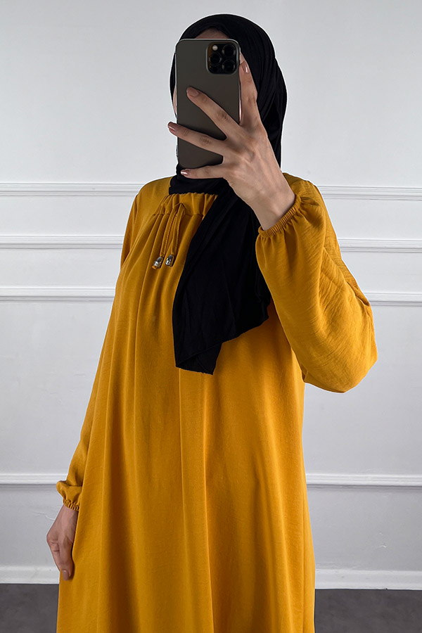 Tesettür Ferace Elbise - Hardal Sarısı