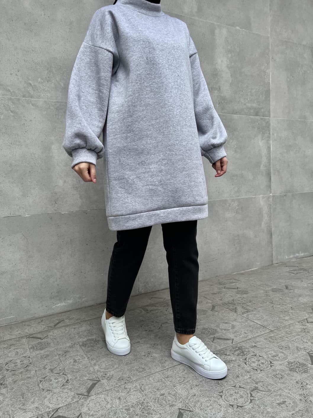 Üç İplik İçi Şardonlu Boğazlı Sweatshirt - Gri