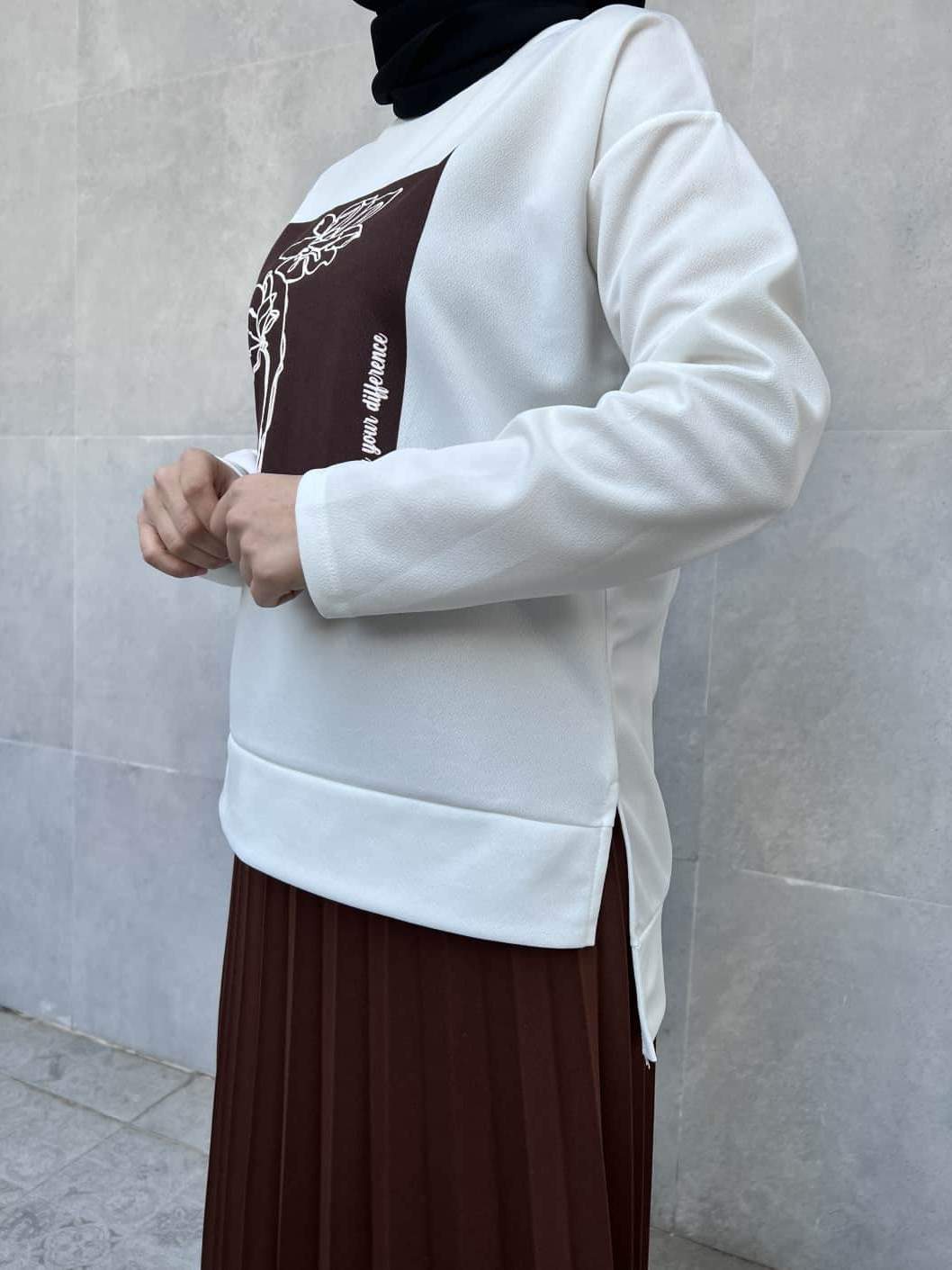 Üst Çiçek Baskılı Altı Etekli İkili Takım - Kahverengi