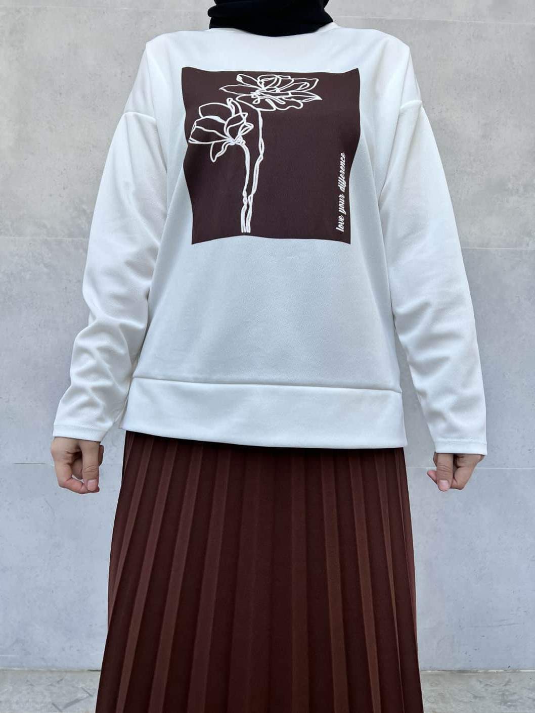 Üst Çiçek Baskılı Altı Etekli İkili Takım - Kahverengi