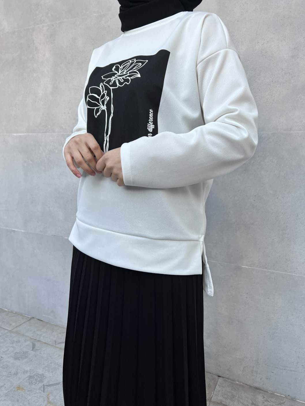 Üst Çiçek Baskılı Altı Etekli İkili Takım - Siyah