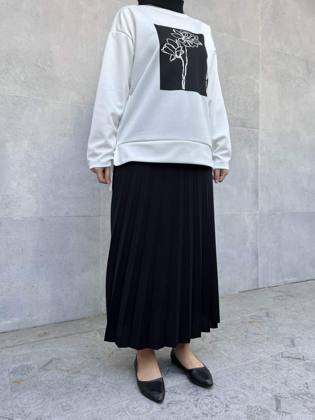 Üst Çiçek Baskılı Altı Etekli İkili Takım - Siyah