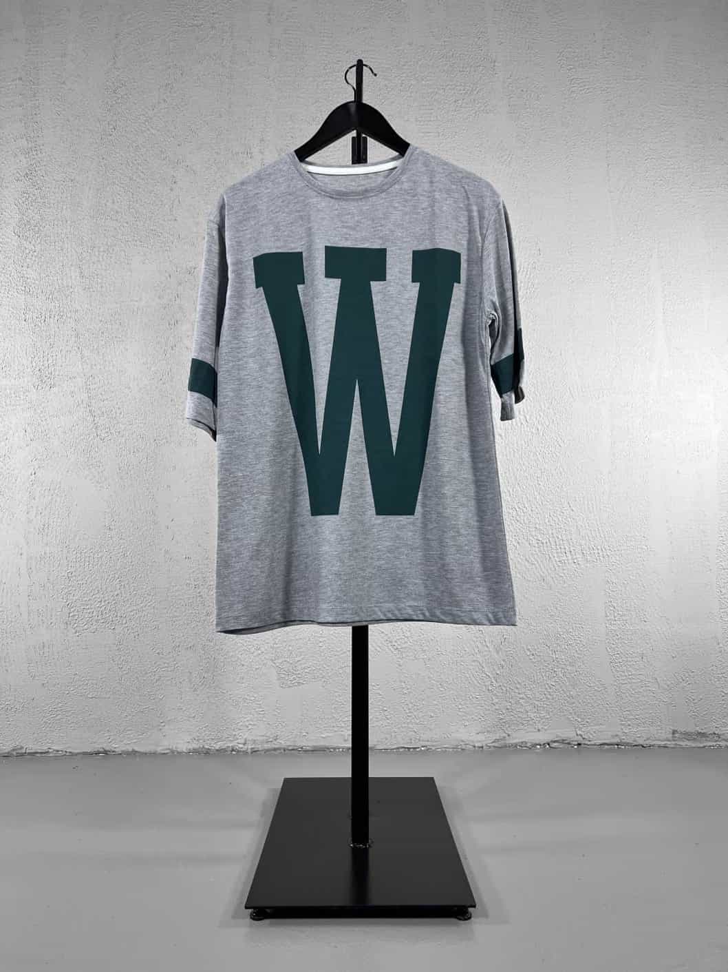 W Baskılı Salaş Tişört - Gri