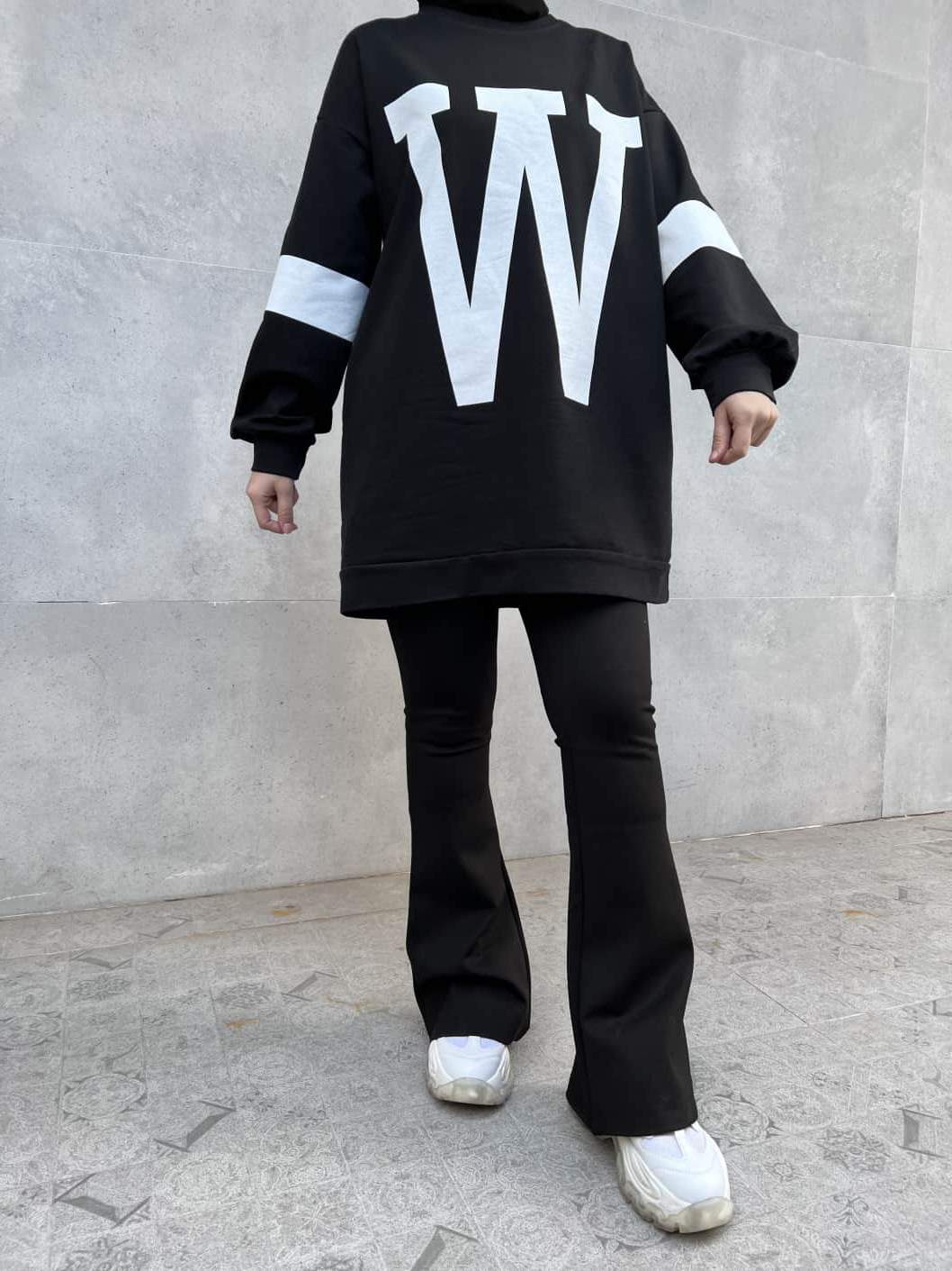 W Baskılı Sweatshirt - Siyah