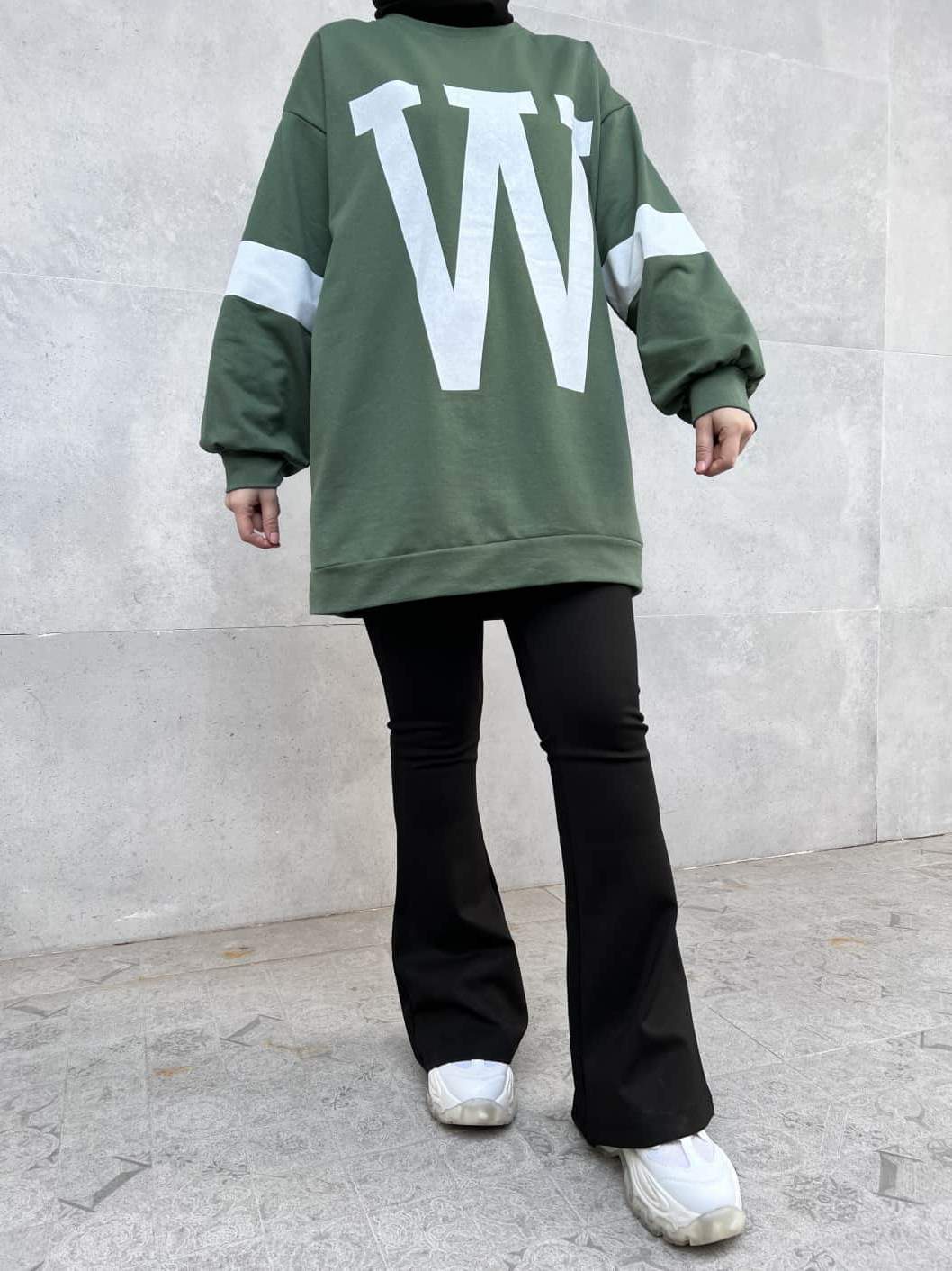 W Baskılı Sweatshirt - Yeşil