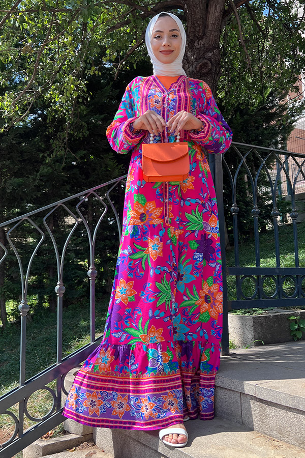 Yaka Detaylı Düğmeli Elbise - Fuşya