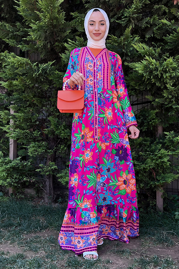 Yaka Detaylı Düğmeli Elbise - Fuşya