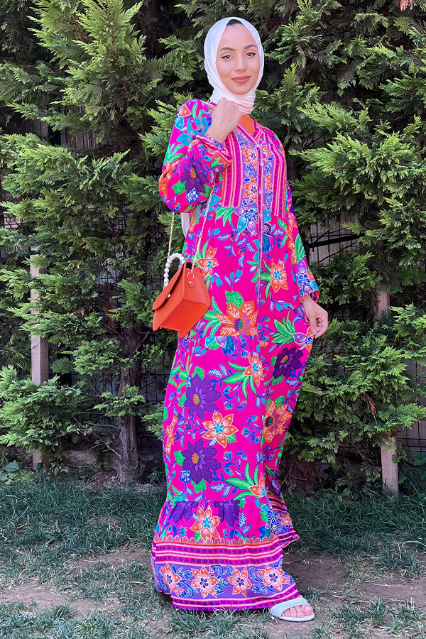 Yaka Detaylı Düğmeli Elbise - Fuşya