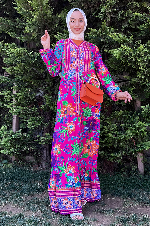 Yaka Detaylı Düğmeli Elbise - Fuşya