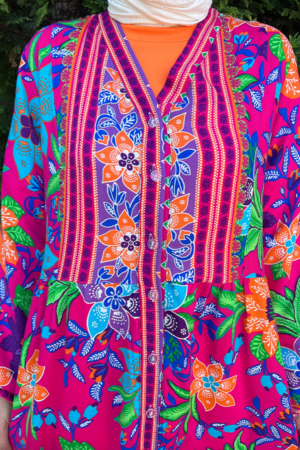 Yaka Detaylı Düğmeli Elbise - Fuşya