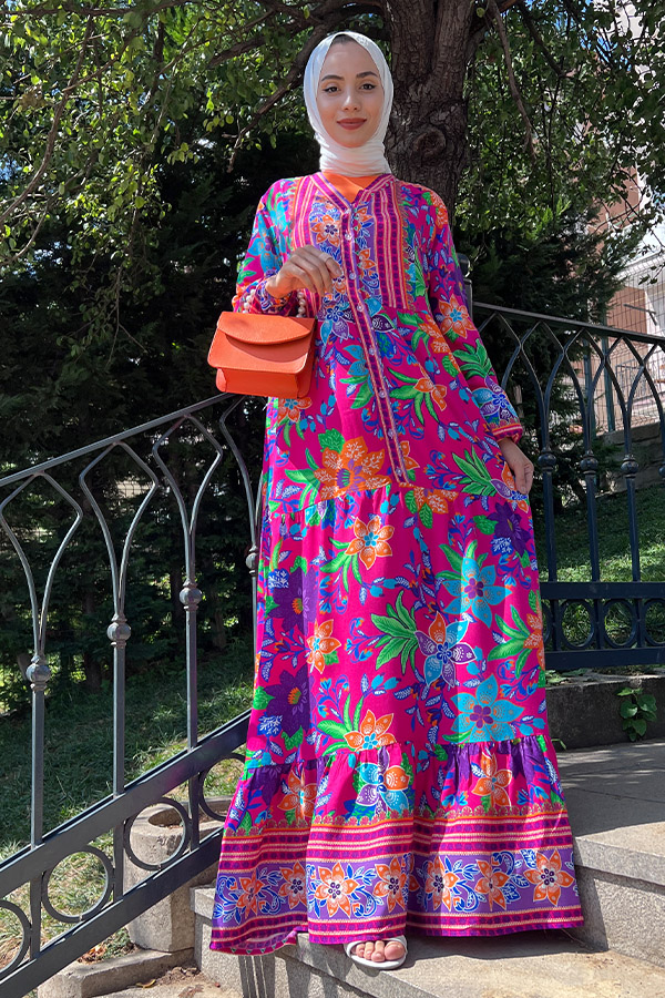 Yaka Detaylı Düğmeli Elbise - Fuşya