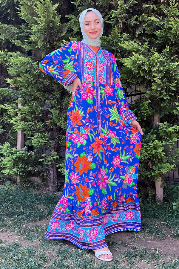 Yaka Detaylı Düğmeli Elbise - Mavi