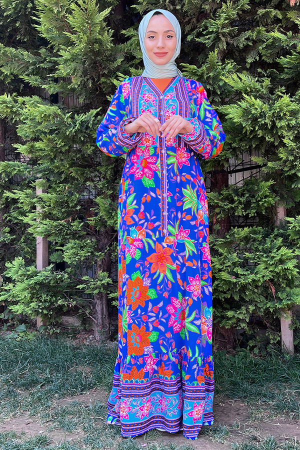 Yaka Detaylı Düğmeli Elbise - Mavi