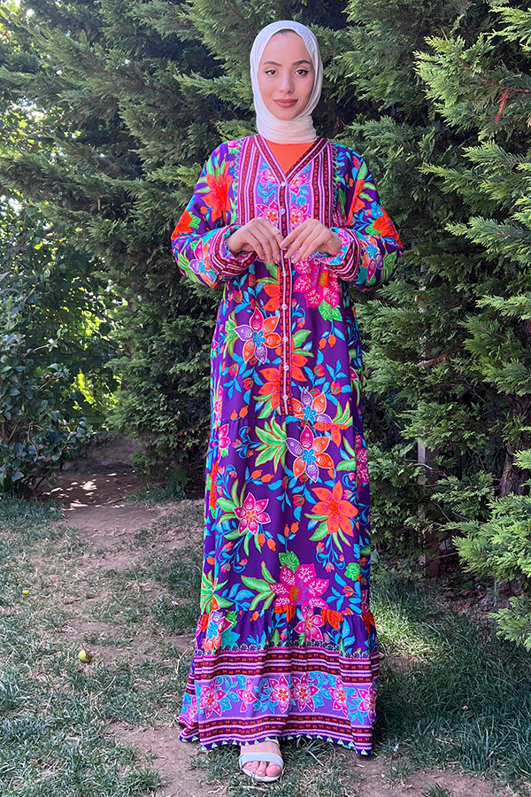 Yaka Detaylı Düğmeli Elbise - Mor