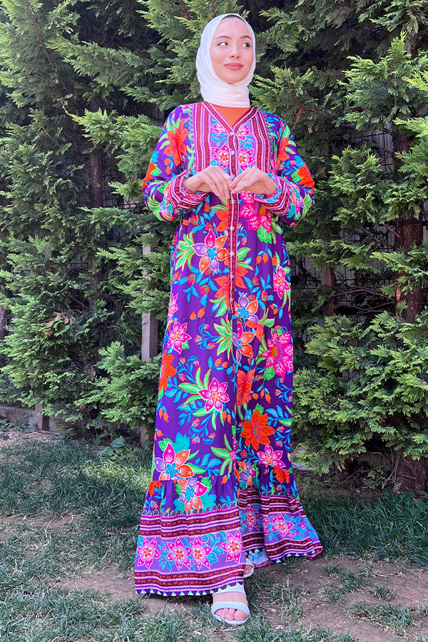 Yaka Detaylı Düğmeli Elbise - Mor