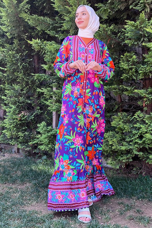 Yaka Detaylı Düğmeli Elbise - Mor