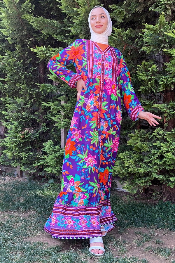 Yaka Detaylı Düğmeli Elbise - Mor