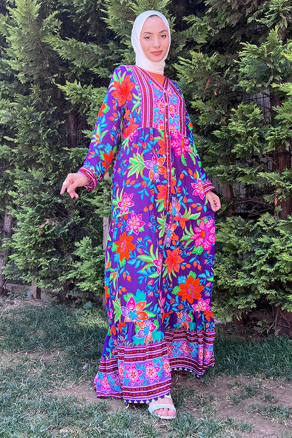 Yaka Detaylı Düğmeli Elbise - Mor