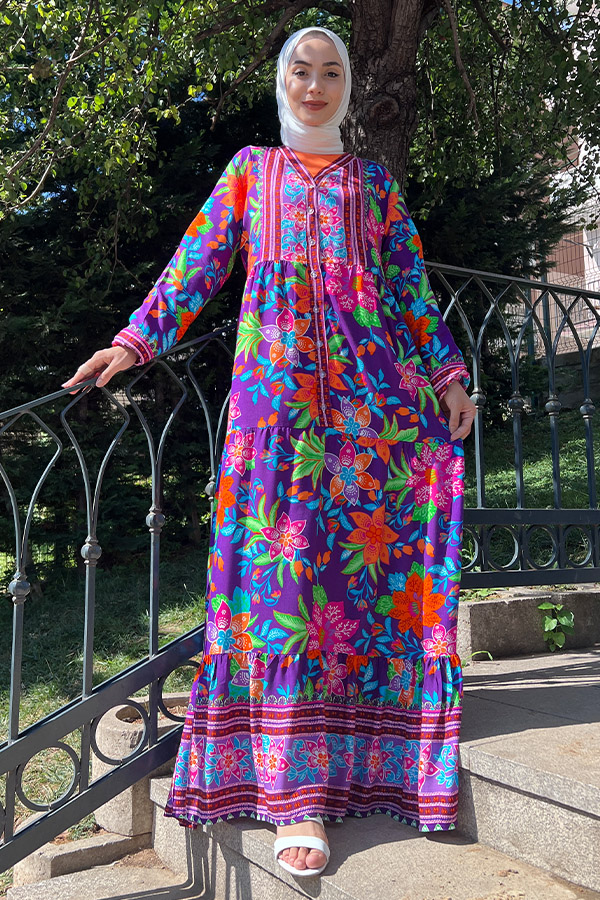 Yaka Detaylı Düğmeli Elbise - Mor