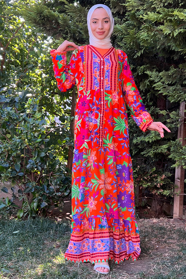 Yaka Detaylı Düğmeli Elbise - Turuncu