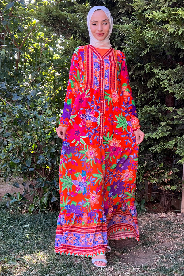 Yaka Detaylı Düğmeli Elbise - Turuncu