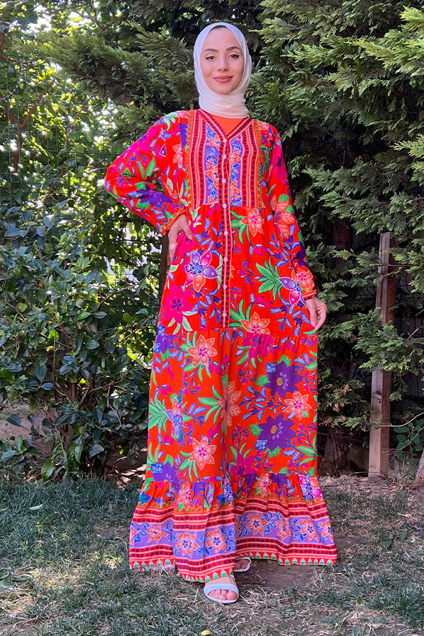 Yaka Detaylı Düğmeli Elbise - Turuncu