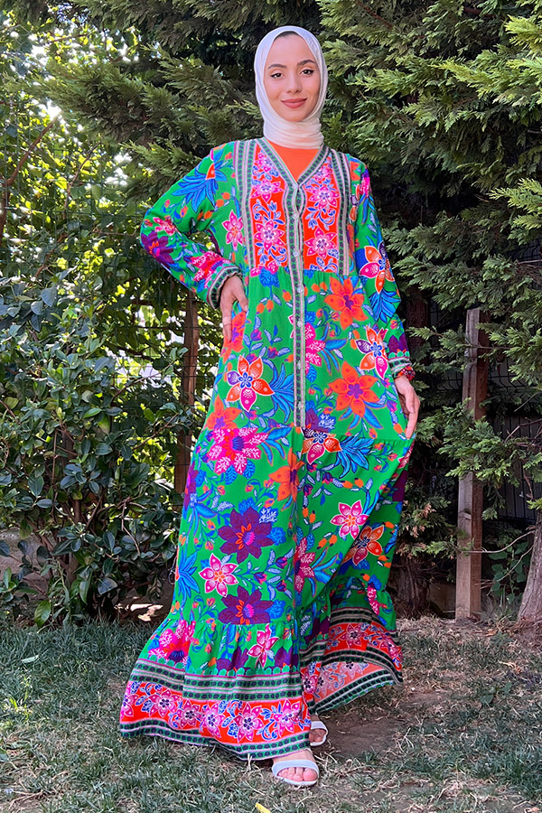 Yaka Detaylı Düğmeli Elbise - Yeşil